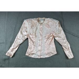 Jessica McClinton Blouse Peach 8 Satin Pearl Lace Victorian Cottage Vintage
